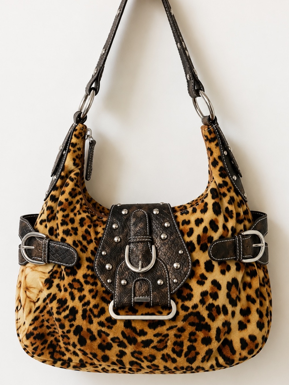 Tell Me Lies Wardrobe Leopard Print Velour Hobo Bag Y2K Vegan Leather